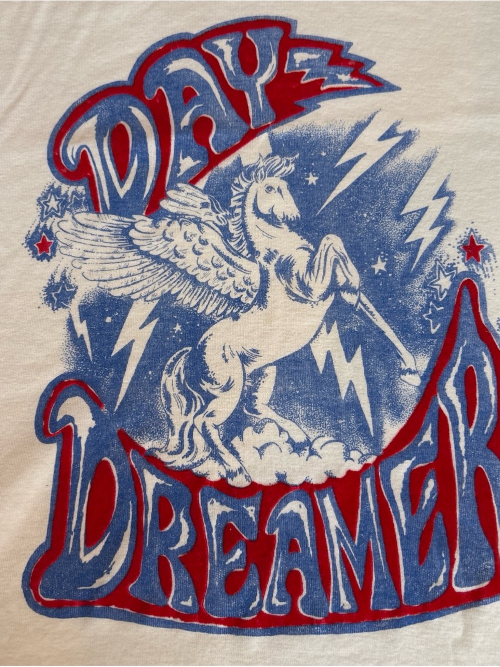 Rare Daydreamer White Tee with Blue & Red Pegasus Lightning Graphic